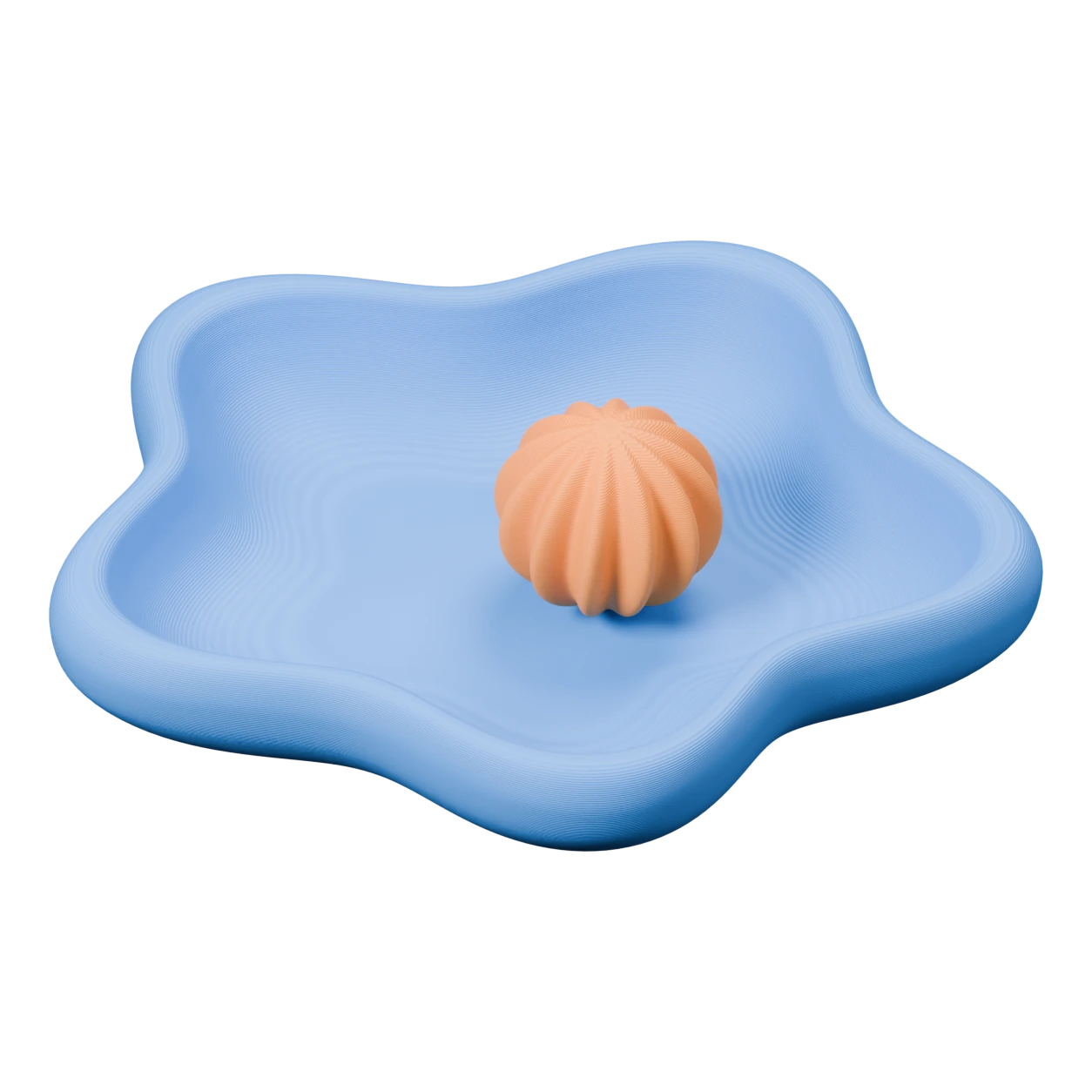 3D render of our sky-blue five-point catchall holding a small apricot fluted orb.