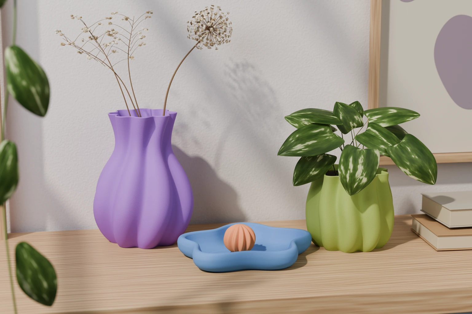 Blender render of a lilac vase with dried flowers, a leafy pistachio planter, and a sky-blue catchall on an oak shelf in warm daylight.